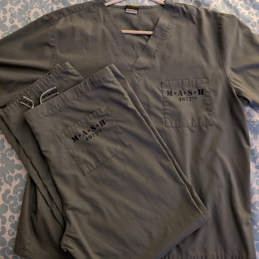 Army green M*A*S*H 4077th matching scrub set.